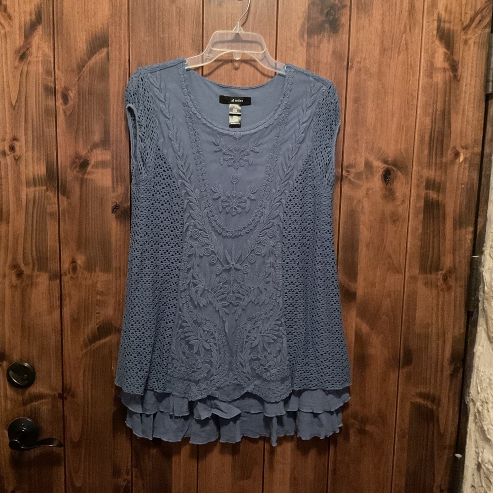 Ali Miles Dusty Blue Crochet Lace Ruffle Tank Top